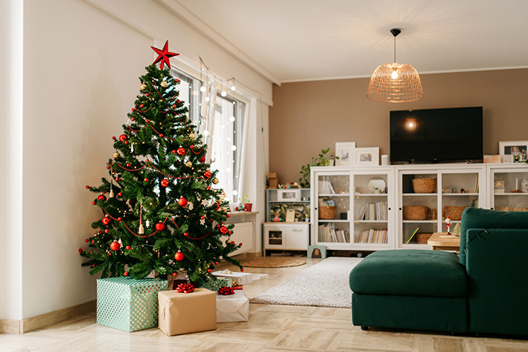 A living room set up with a Christmas tree.